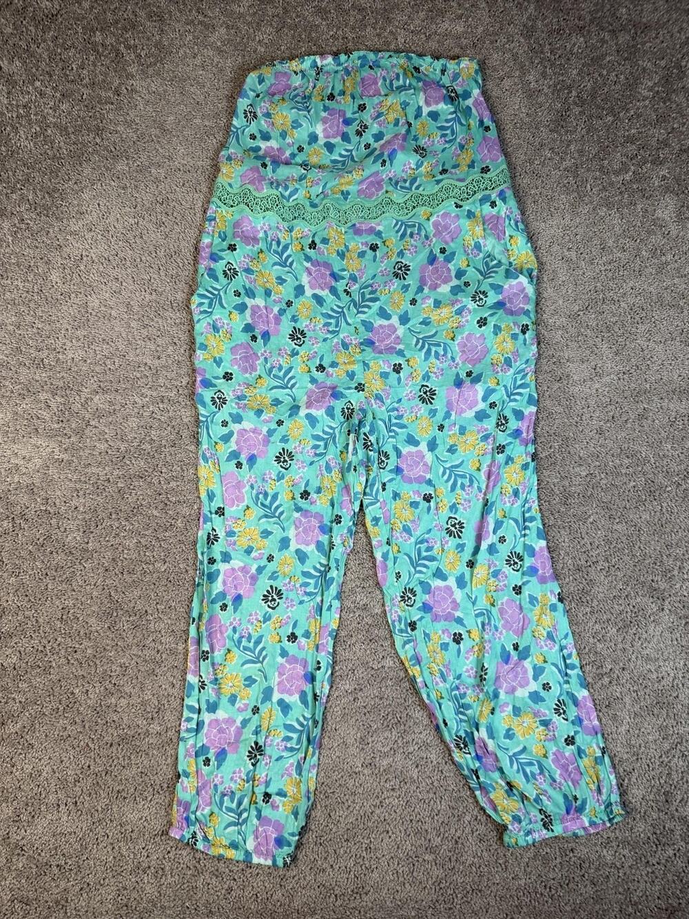Anthropologie Jumpsuit Womens M Green Floral One-Piece Elastic Waist Lace